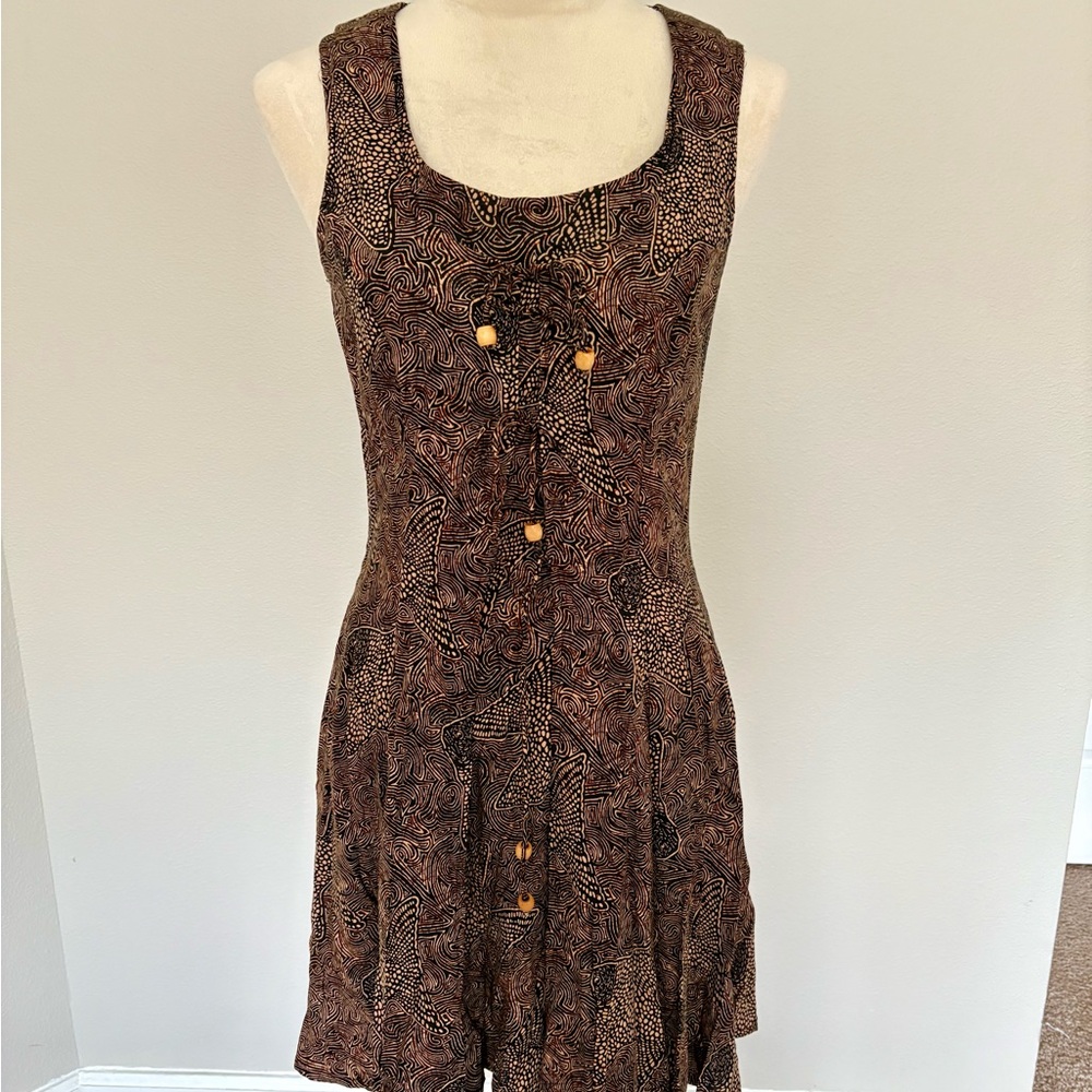 Vintage Boho Front-Tie Mini Dress – Brown Abstract Print (Size S)